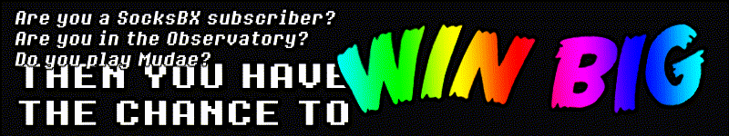 Advertisement. 'Are you a SocksBX subscriber? Are you in the Observatory? Do you play Mudae? THEN YOU HAVE THE CHANCE TO WIN BIG. Claim this creature [arrow pointing at Gupy] to win YOUR OC ADDED TO [Too Many Requests logo] *for at least one page **further pages not guaranteed