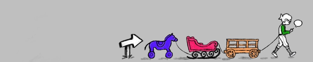 A young child pulling a trail of carts of different shapes and sizes behind her.