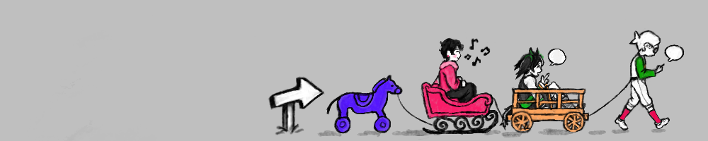 A young child pulling a trail of carts of different shapes and sizes behind her. He's looking at her phone while talking with an empty speech bubble next to her. A girl is sitting on the first of said carts, with an empty speech bubble next to her. Another girl is sitting on the second cart, smiling with her eyes closed in a warm smile with musical notes next to her as if humming.