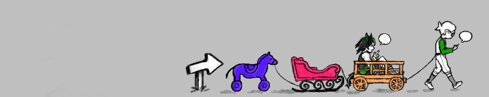 A young child pulling a trail of carts of different shapes and sizes behind her. He's looking at her phone while talking with an empty speech bubble next to her. A girl is sitting on the first of said carts, with an empty speech bubble next to her.