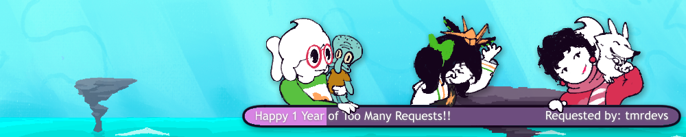 Gupy, Natie, and Lola, standing behind a purple and lilac progress bar which is about 15% full. Gupy is holding a Little Squidward plushie close to his torsO, Natie has a little orange origami swan on top of her head, and Lola is holding Scrat over her shoulder while it plays with her fist. The progress bar reads 'Happy 1 year of Too Many Requests!!' and 'Requested by: tmrdevs' over it. On the background can be seen an aquatic landscape with no land in sight, save for some rock spires poking out of the water.