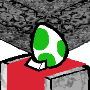 A white egg with green spots resting on top of a red velvet tablecloth on top of a marble pillar.