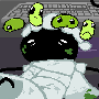 A black carapacian with some off-white robs and a disgraced expression, with some cartoon green beans overlaid on top of them.